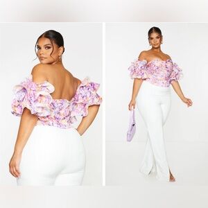 NWT Pretty Little Thing Lilac Floral Print Puff Sleeve Bardot Crop Top | 18